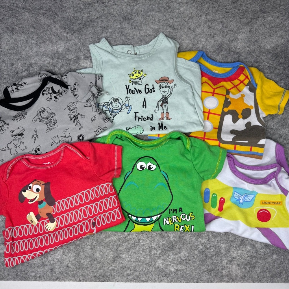 Disney Baby Toy Story Bodysuits Lot 3-6 Months Buzz Slinky Woody Rex Bundle of 6